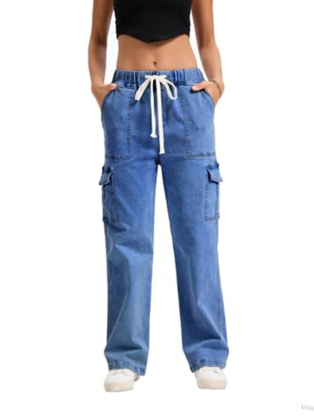 Cargo Jeans Elastic Waist Drawstring Stretch Denim Ankle Pants